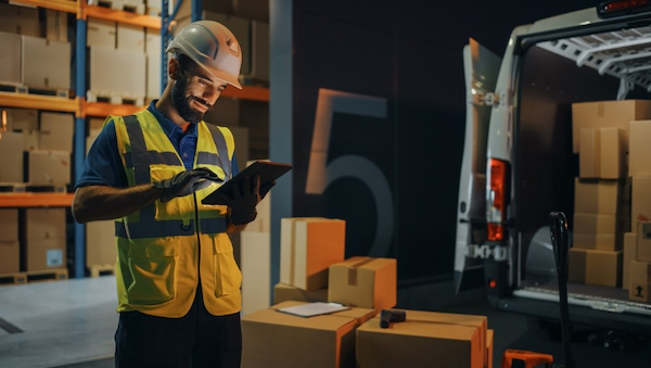 man using tablet to locate stock