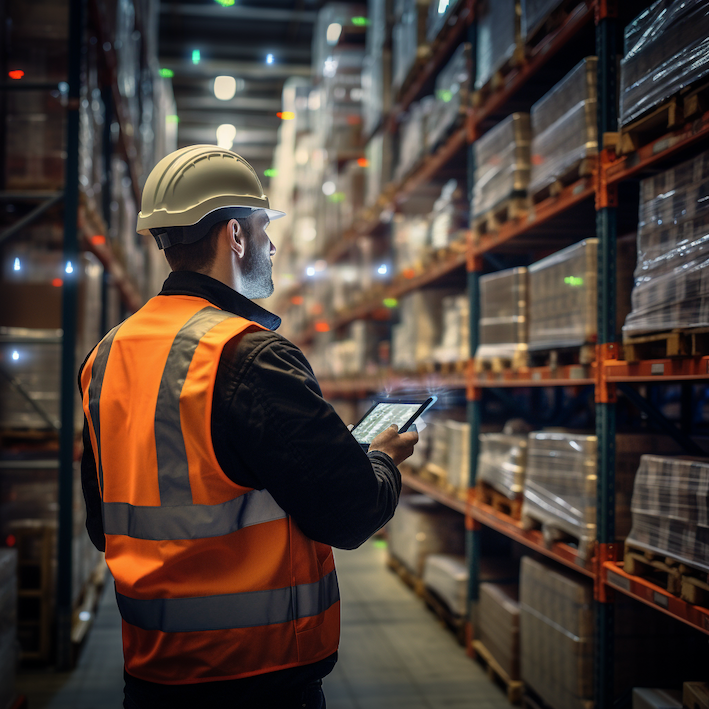 A warehouse worker checking barcodes