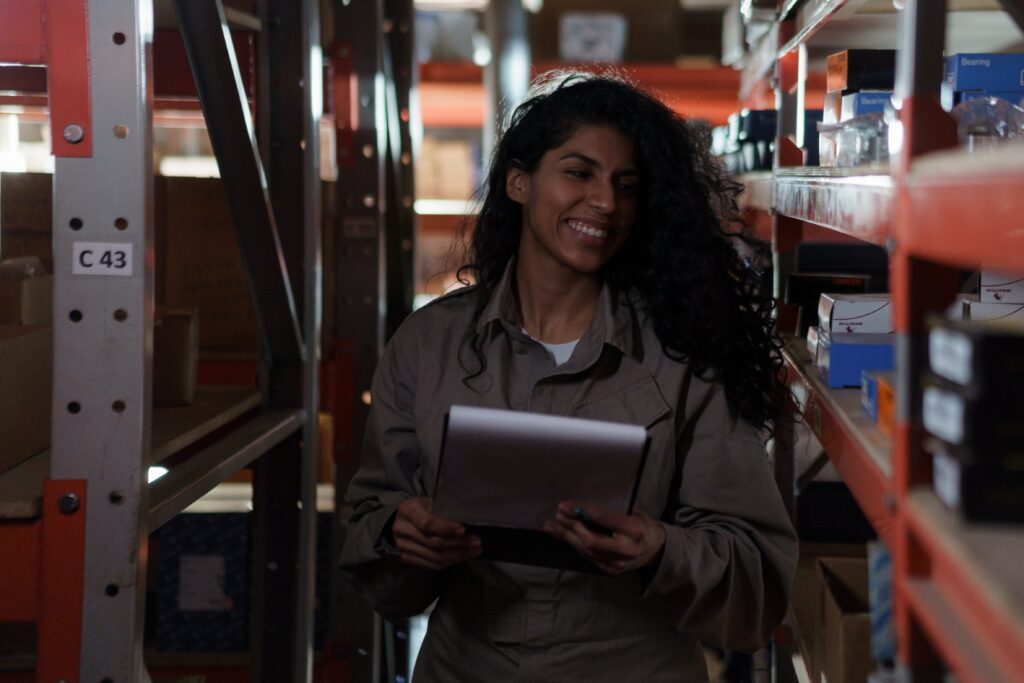 A woman checking asset management statistics