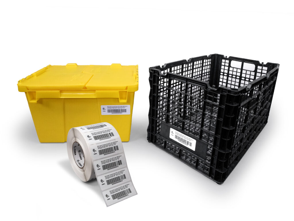 Zebra RFID returnable label from GSM barcoding for plastic box.